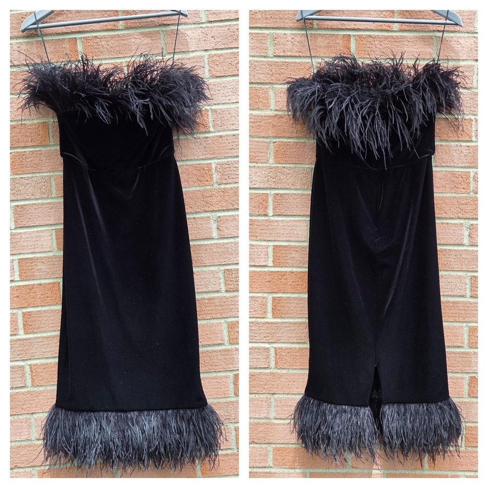 Nicole Bakti stretch velvet cocktail dress feather bodice hem Trim Size 6 Black - Picture 3 of 4